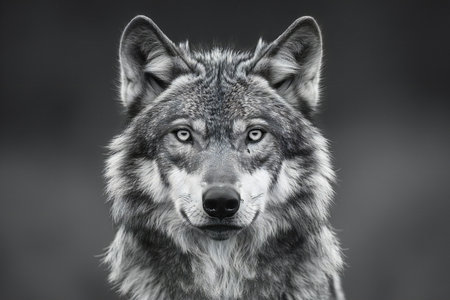Portrait of grey wolf (Canis lupus) in black and white