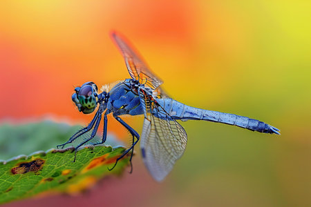 Blue dragonfly on a green leaf, close-up, macro