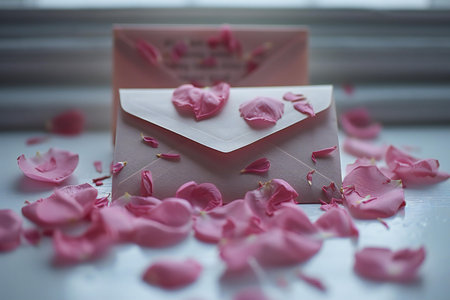 Envelope and rose petals on white background. Selective focus.