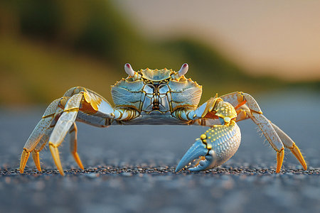 Close up of a blue crab on the road in sunset light.