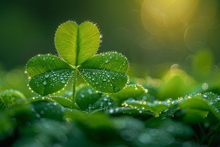 Green clover leaves with dew drops close-up. Nature background