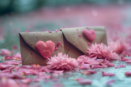 Two envelopes with pink hearts on a background of pink flowers.
