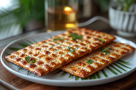 Crispy crackers with sesame seeds on plate, closeup