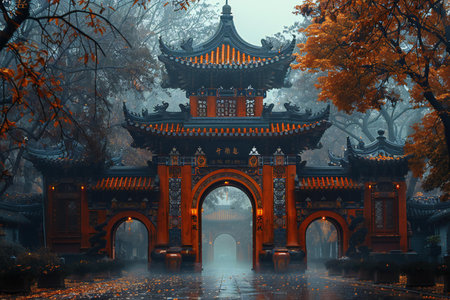Chinese gate in a foggy autumn forest. 3D rendering.の写真素材