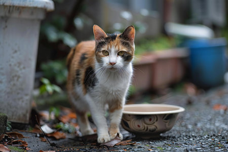 Tricolor cat standing on the street and looking at the bowl
