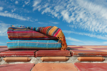 Colorful towels on the roof of a country house under blue sky
