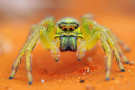jumping spider close up on orange background in nature. super macroの写真素材