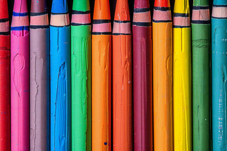 Colorful wax crayons background. Close up of crayonsの写真素材
