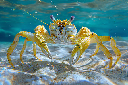 A closeup shot of a crab on a sandy beach under water