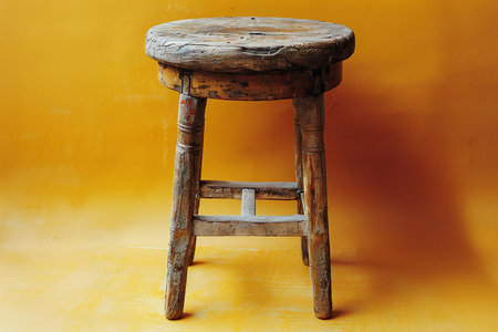 Old wooden stool on a yellow background, vintage style, selective focusの写真素材