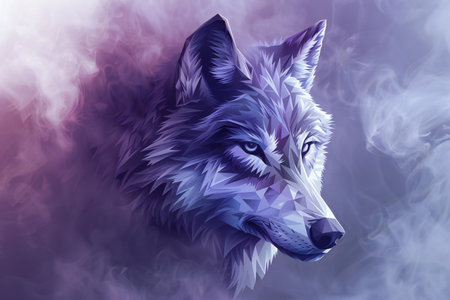 Digital illustration of a wolf head in low poly style with smoke background