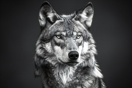 Portrait of a gray wolf on a dark background. Studio shot.