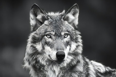 Portrait of grey wolf (Canis lupus) in black and white