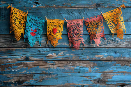 Colorful hand embroidery on rustic wooden background, top view