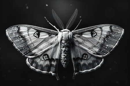 Butterfly on black background. Black and white.の写真素材