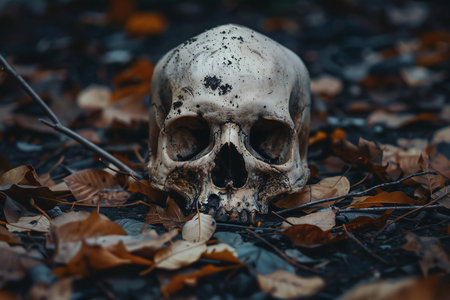 Skull and dry leaves on the ground in autumn forest. Halloween concept.の写真素材
