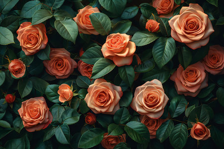 Top view of orange roses with green leaves. Floral background.の写真素材