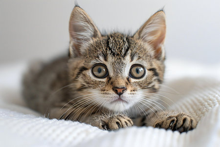 Cute striped kitten lying on a white knitted blanket and looking at the camera