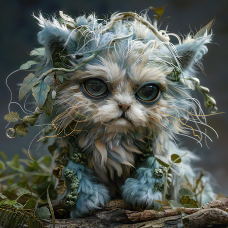 Cute cat with blue eyes sitting in a wreath of leavesの写真素材