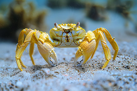 Close-up of a yellow crab on the sand in the ocean