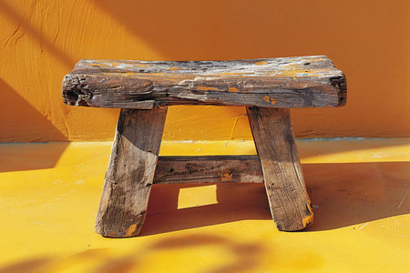Wooden stool on the yellow background with sun light and shadow.