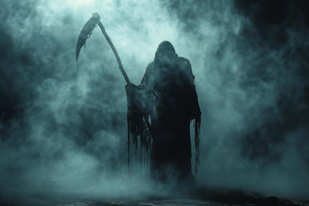 Mysterious gothic man with scythe in the fogの写真素材