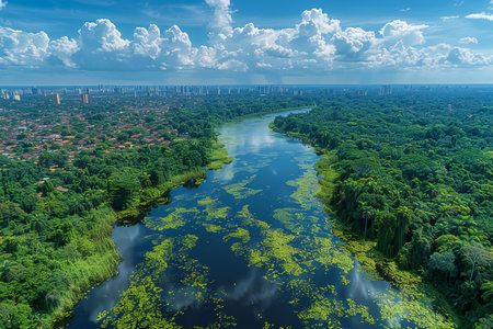 Aerial panoramic view of the city and the river.