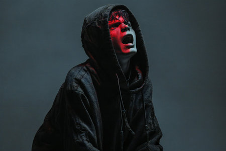 Person in a black hoodie with red neon light on a dark background