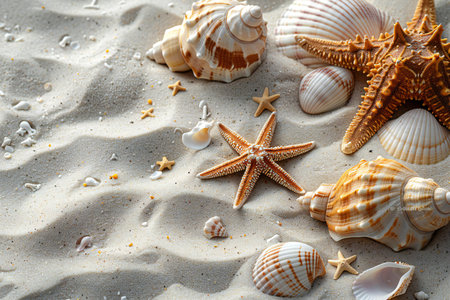 Seashells and starfish on the sand. Summer background