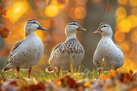 Three mallard ducks (Anas platyrhynchos) in autumn.の写真素材