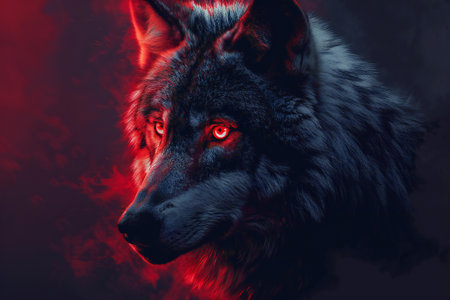 Portrait of a wolf in the dark with red eyes