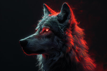 Portrait of a wolf in red light on a black background.の写真素材