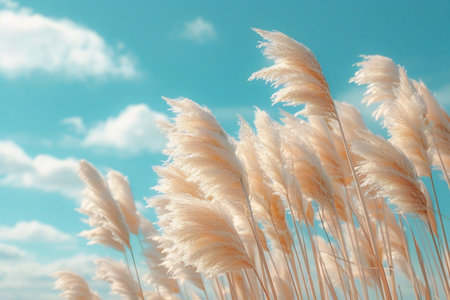 Pampas grass on blue sky background. Selective focus.の写真素材