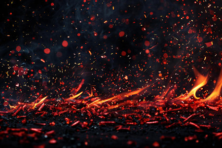 Burning coals with sparks and smoke on black background, abstract backgroundの写真素材