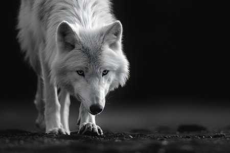 White wolf in black and white, portrait of a wild animal.