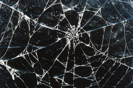 Broken glass with cracks on the black background. The concept of destruction.