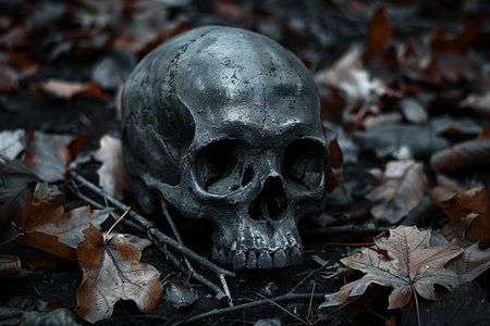Skull on the ground in the autumn forest. Halloween concept.
