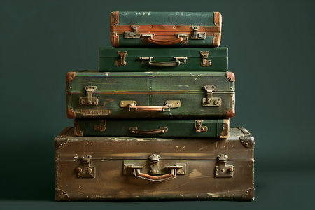 Vintage suitcases on a dark green background. Retro style.