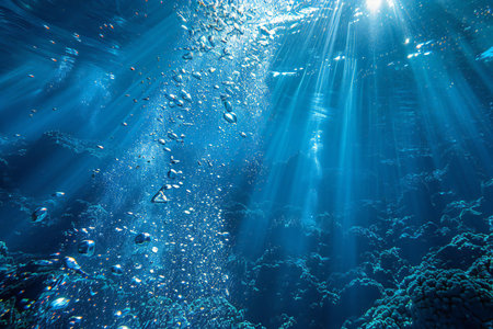 Underwater view of coral reef with sunlight and rays of light.