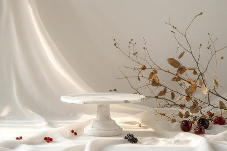 White round table on a white background with dried branches and berries.の写真素材