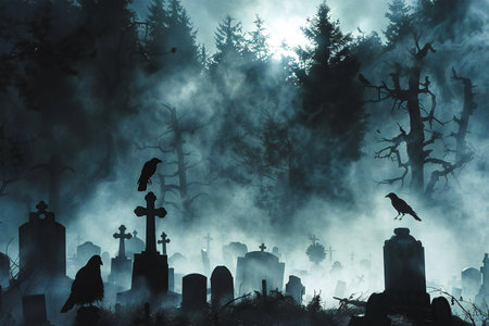 Halloween background with graveyard and crows. 3D rendering.