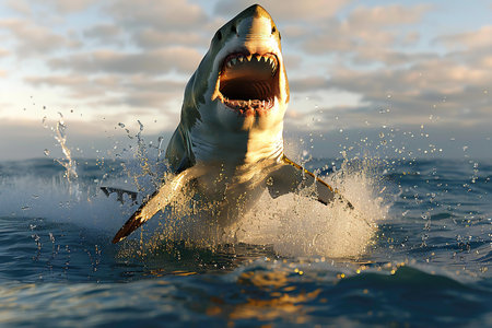 Great white shark jumps out of the water. 3D illustration.