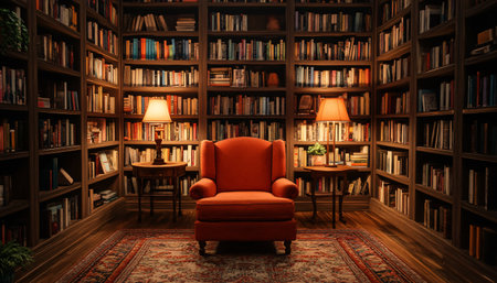 Bookshelves and armchair in the library, 3d renderの素材