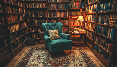 Luxury interior of the library. Bookshelf with books and armchairの素材