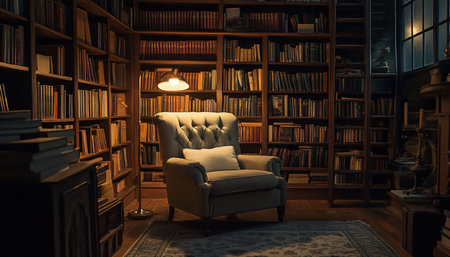 Comfortable armchair in a library with bookshelf and lightingの素材