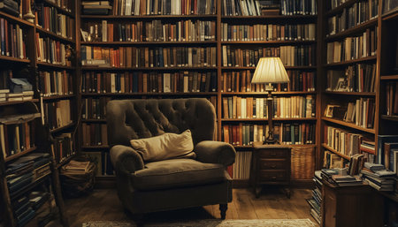 Bookshelf with books and a chair in a library, vintage styleの素材
