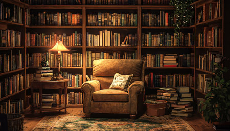 Comfortable armchair and bookshelf in the library. 3d renderingの素材