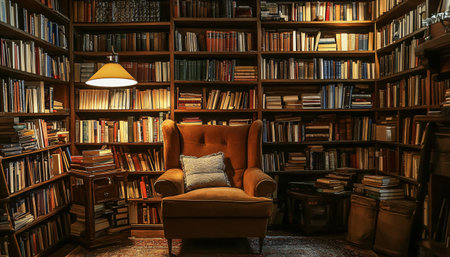 Comfortable armchair and bookshelf in the library. 3d renderingの素材
