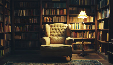 Old armchair and bookshelf in library. 3d renderの素材