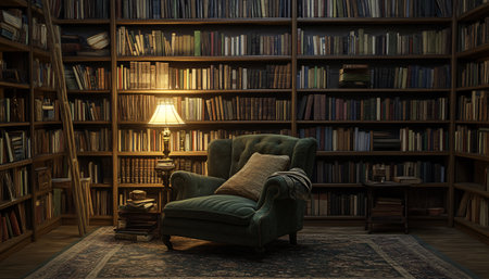 Comfortable armchair and bookshelf in the library. 3d renderingの素材